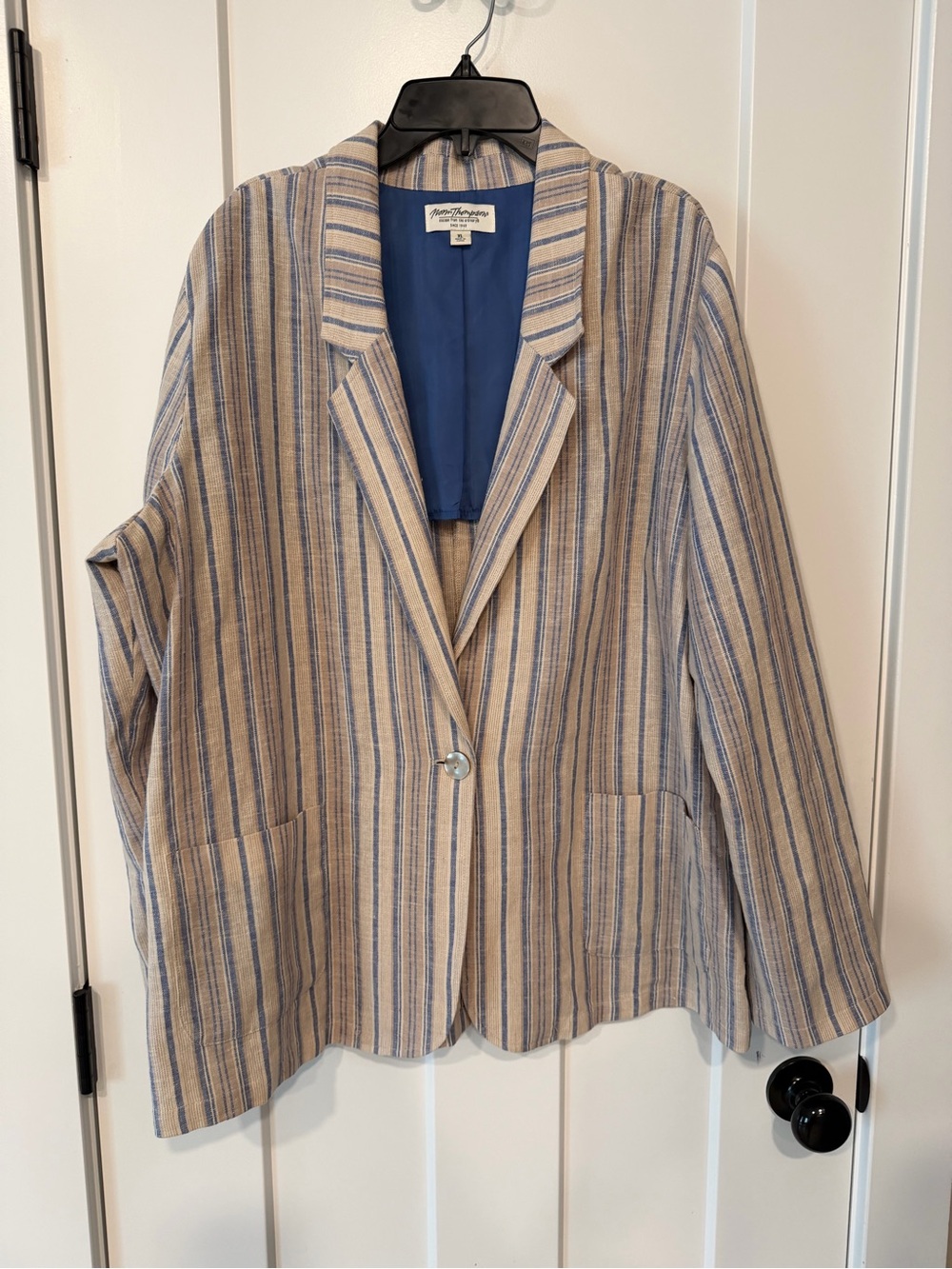 Norm Thompson Blue and Beige Striped Linen-Blend Blazer Women’s XL